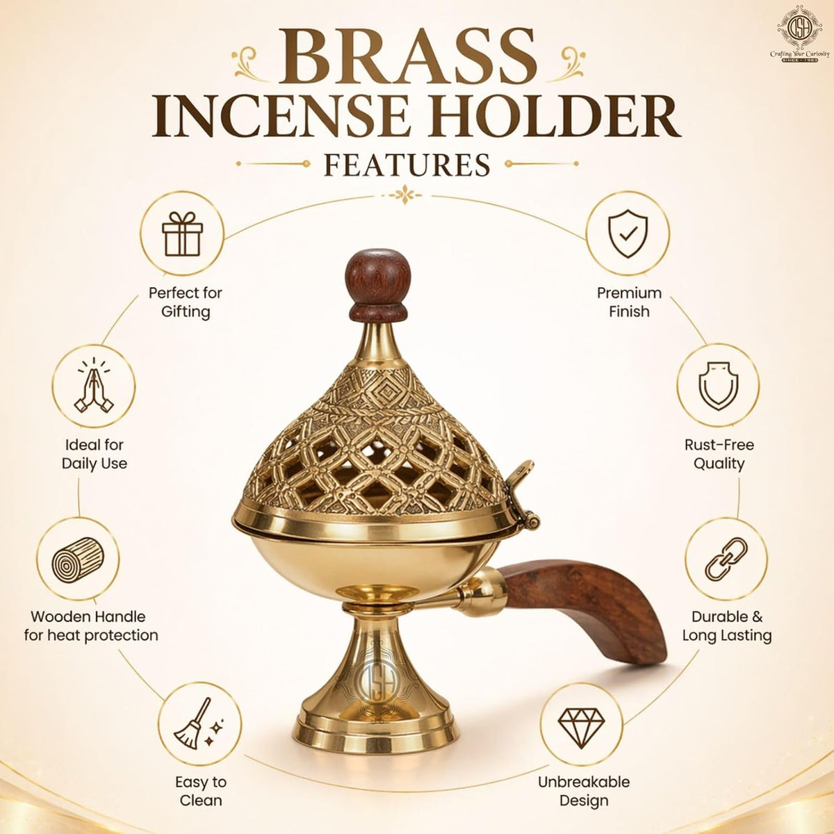 DSH Brass Loban Burner Home Purifying Dhoop Dani Bakhoor Holder Table Incense Burner with Wooden Handle for Home Decoration