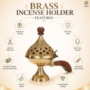 DSH Brass Loban Burner Home Purifying Dhoop Dani Bakhoor Holder Table Incense Burner with Wooden Handle for Home Decoration