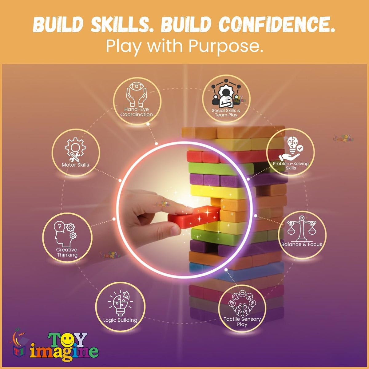 Toy Imagine 54 Pcs Colourful Wooden Blocks for Boys 7–14 Years – Indoor Balancing & Building Game, Montessori Wooden Toys, Kids Activity Tower Block for Cognitive Development & Fun