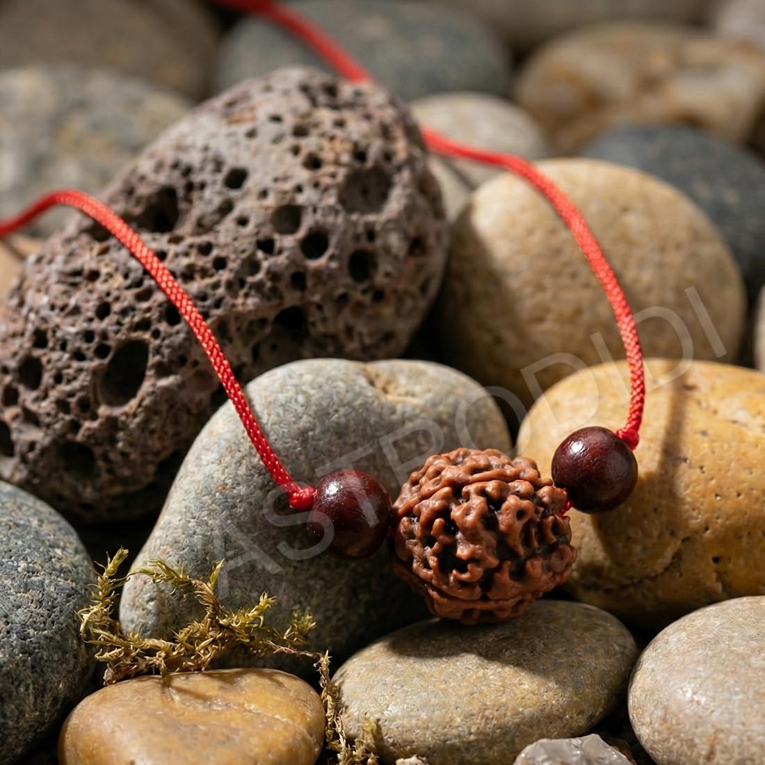 Astrodidi 7 Mukhi Rudraksha | Certified Nepali Seven Face Rudraksh with Two Red Chandan Beads in Red Thread with Lab Certificate (Colour: Brown, Shape: Round)
