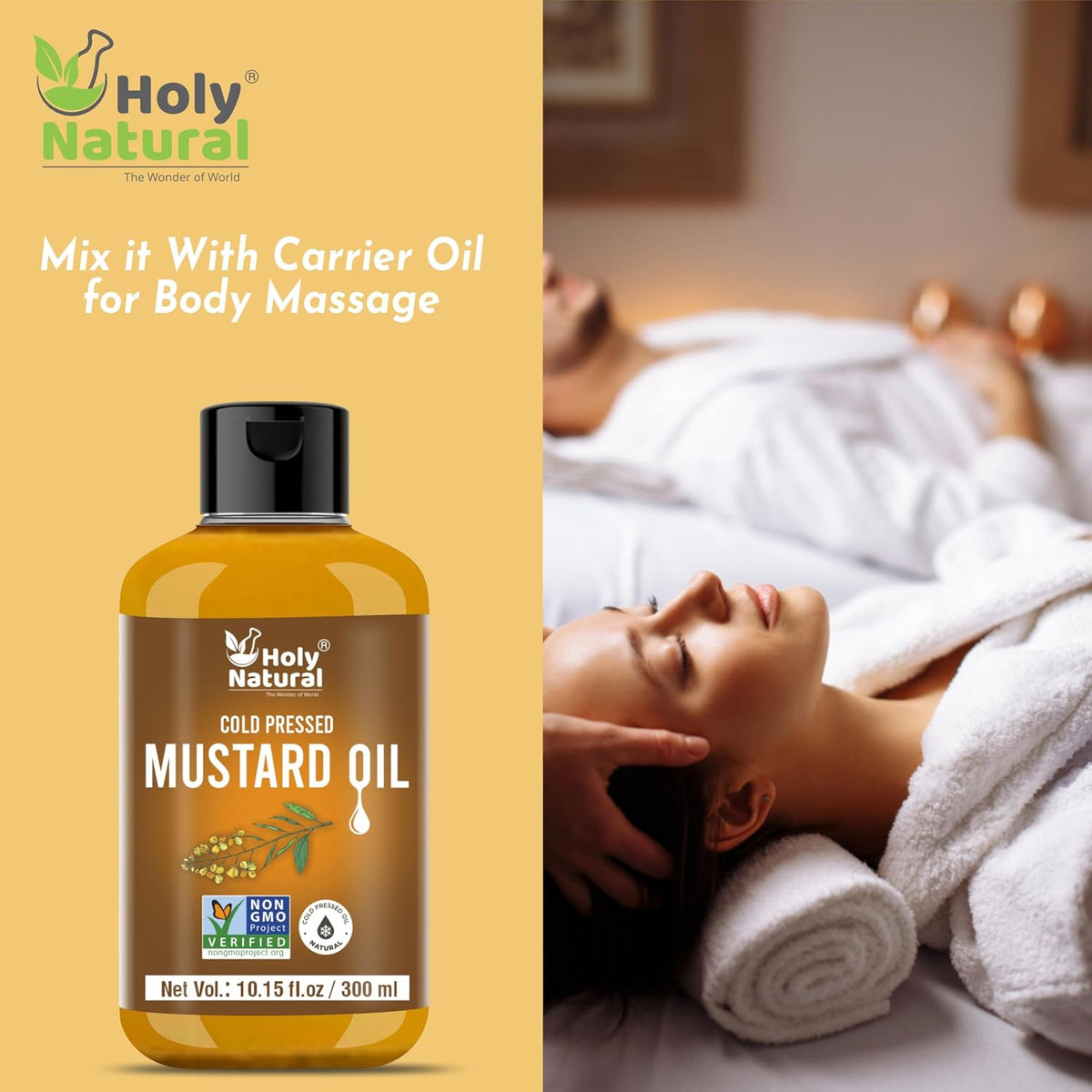 Holy Natural Cold Pressed Organic Mustard Oil 300Ml|For Hair, Body, Skin Care, Massage Oil