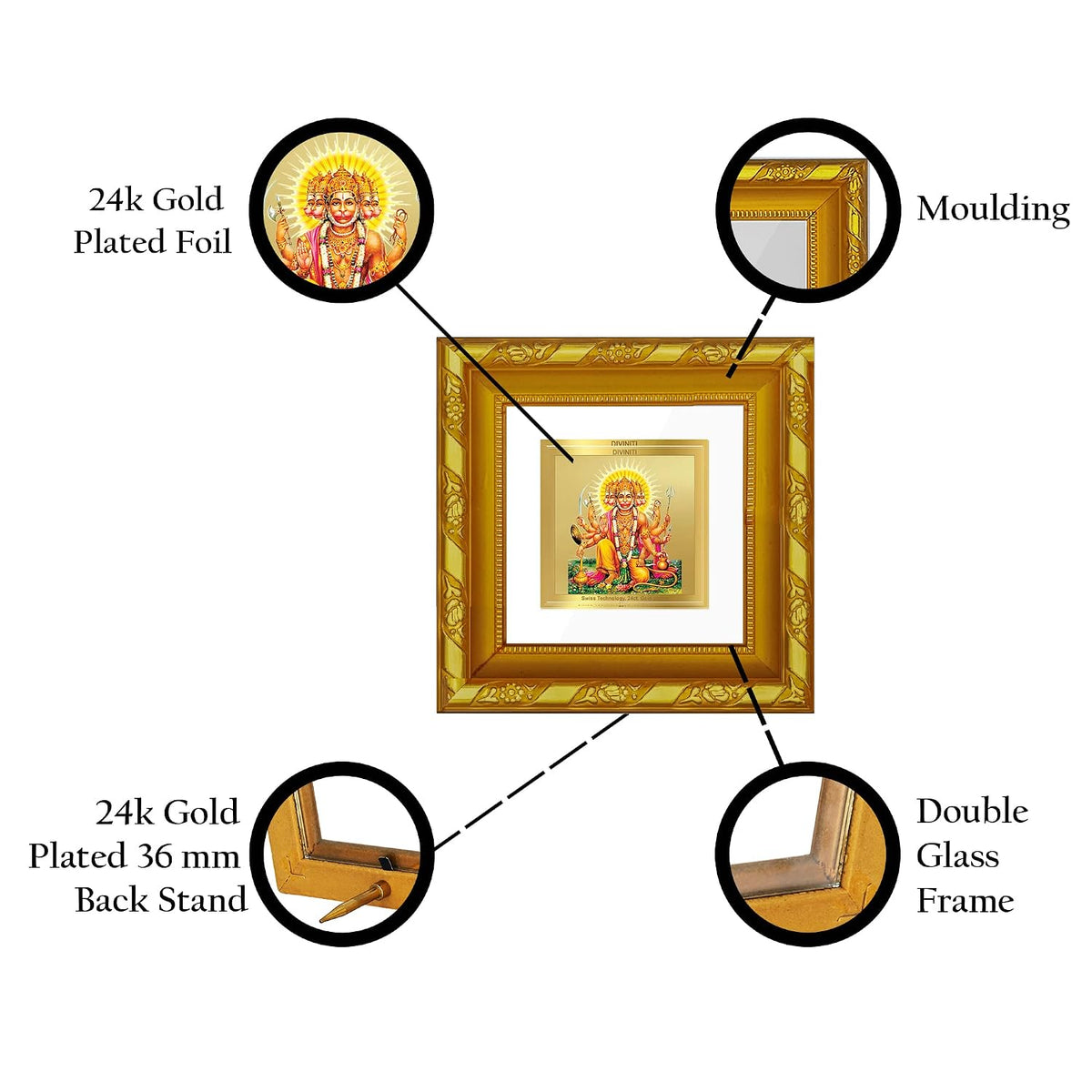 DIVINITI Panchmukhi Hanuman Gold Plated Wall Photo Frame, Table Décor| DG Frame 103 Size 1A and 24K Gold Plated Foil| Religious Photo Frame Idol For Pooja, Gifts Items (10.8 CM X 10.8 CM)