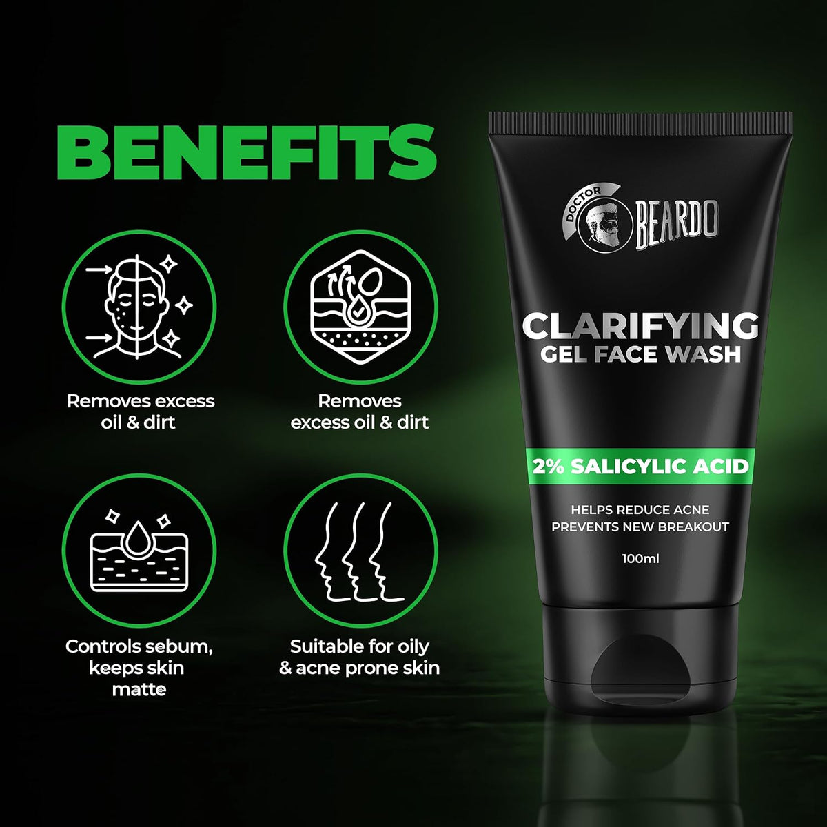 Beardo Clarifying Gel Face Wash for Men with Salicylic Acid | Anti Acne & Oil Control | Unclogs Pores, Reduces Blackheads, Gentle Daily Cleanser for Oily & Acne-Prone Skin – 100ml