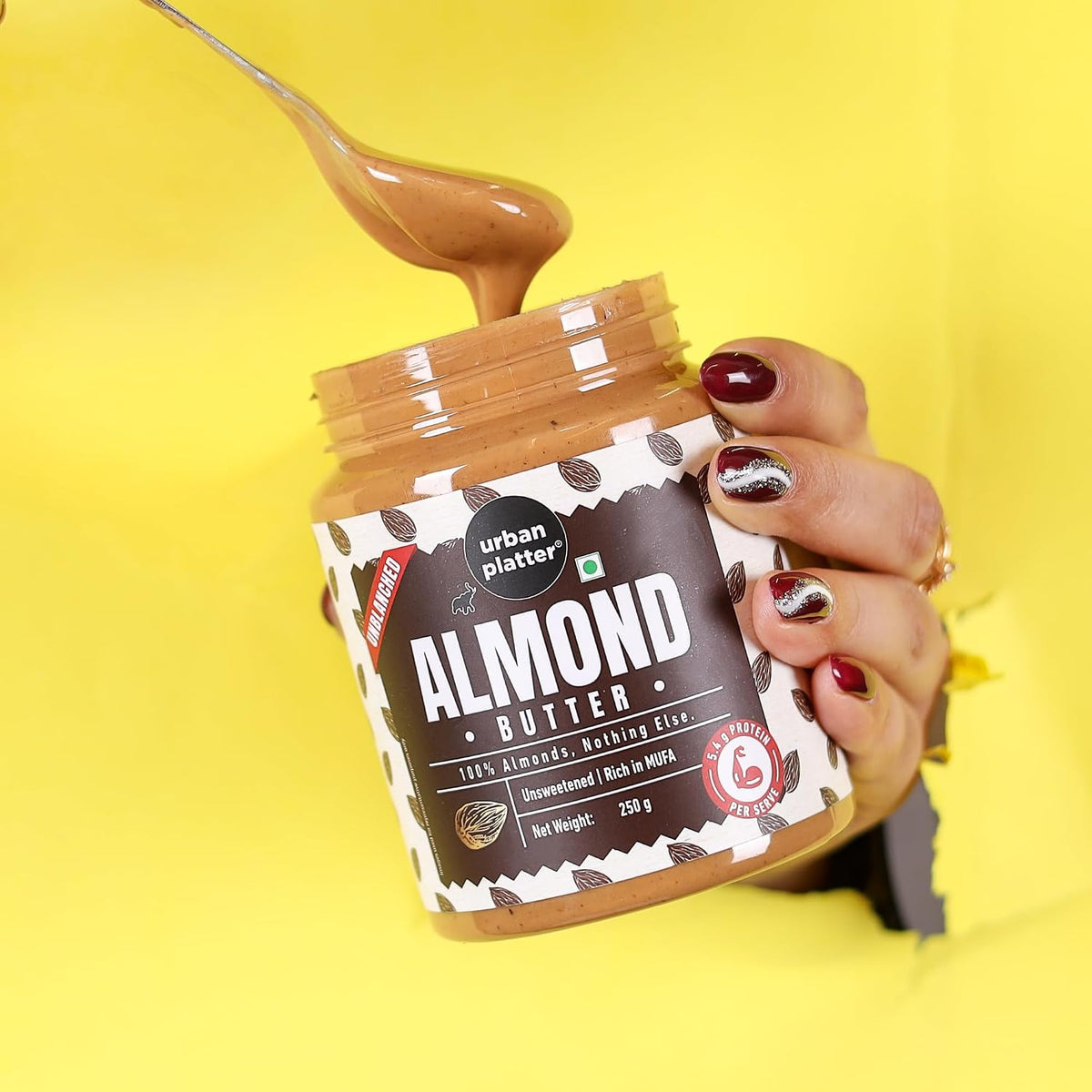 Urban Platter Almond Butter (With Skin), 250g (Bold Nutty Flavour | Single Ingredient | Keto-Friendly | Unblanched Paste)