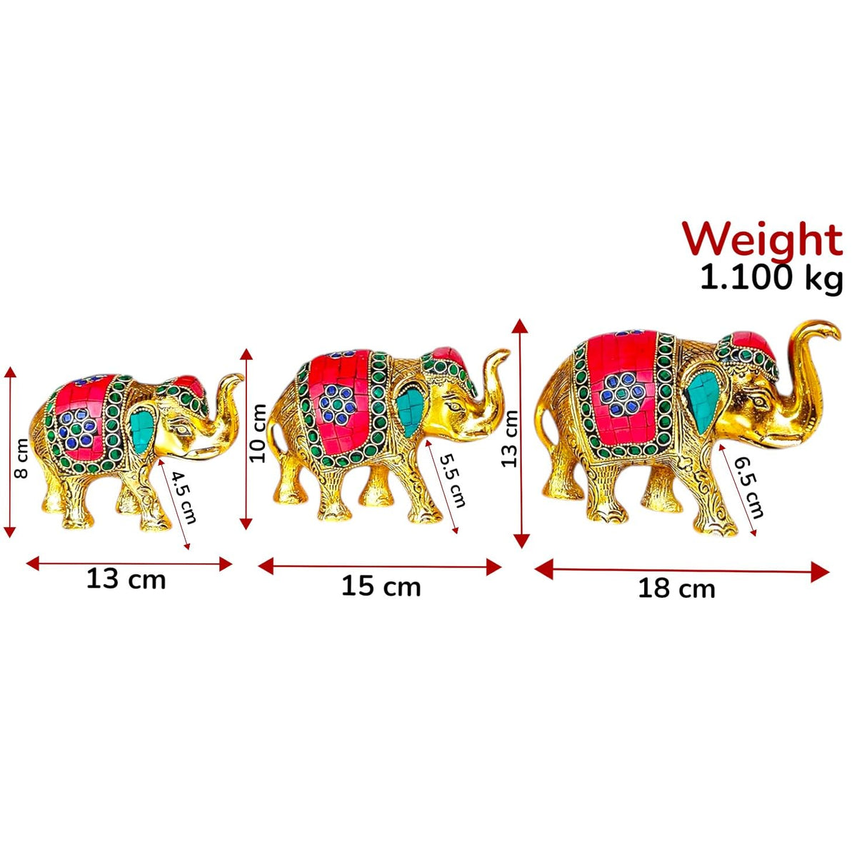 KridayKraft Metal Elephant Set with Stone Work Set for Showpiece Enhance Your Home, Office & Table and Gift for Have House Warming Anniversaries, Birthday (3 pcs)