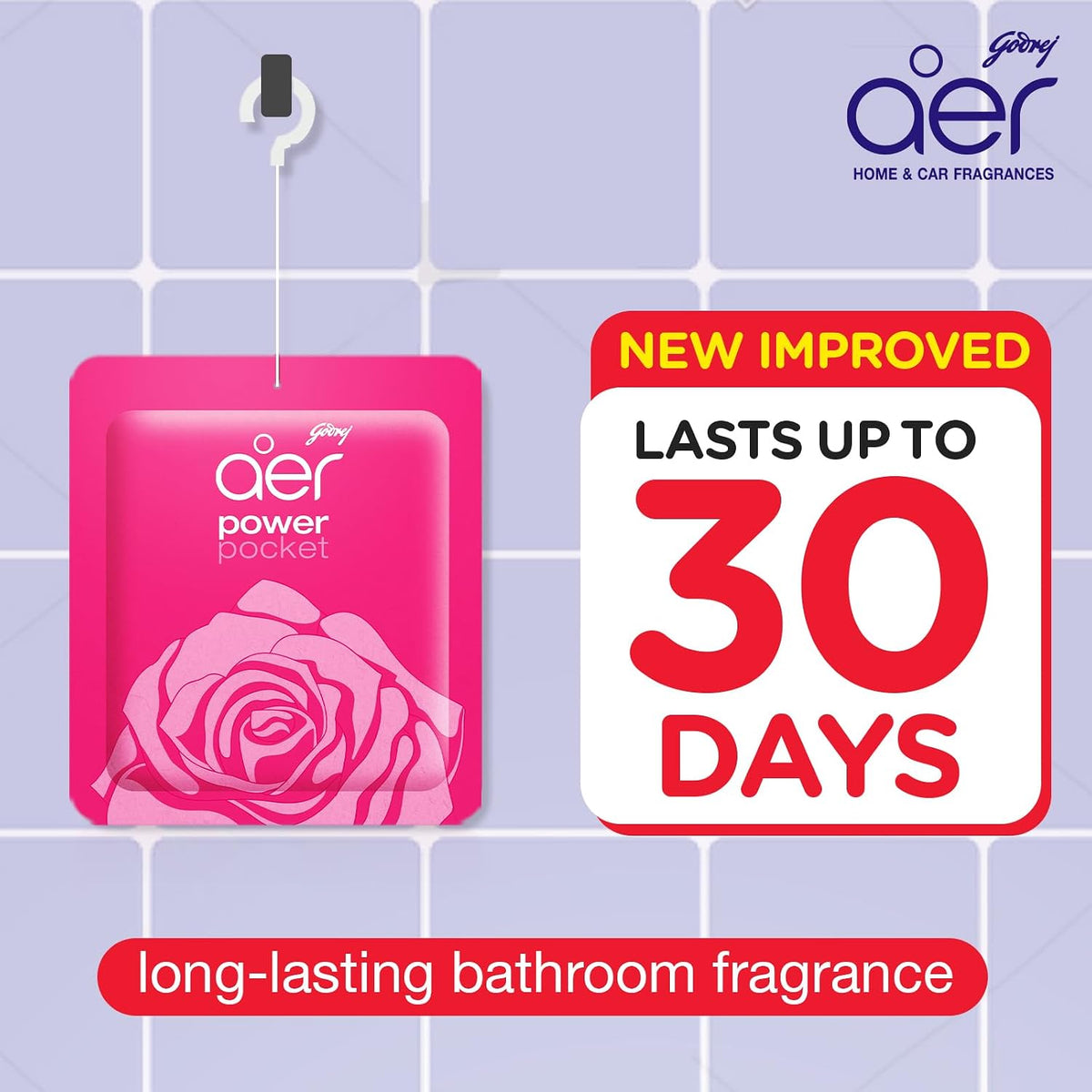 Godrej aer Power Pocket Bathroom Freshener – Rose Fresh Blossom (10g) | Lasts up to 30 days | Germ Protection