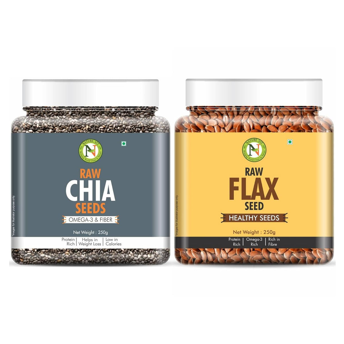 NatureVit Chia Seeds and Flax Seeds Combo, 500g | Raw Flax - 250g, Chia Seeds - 250g | Immunity Combo | All Premium.