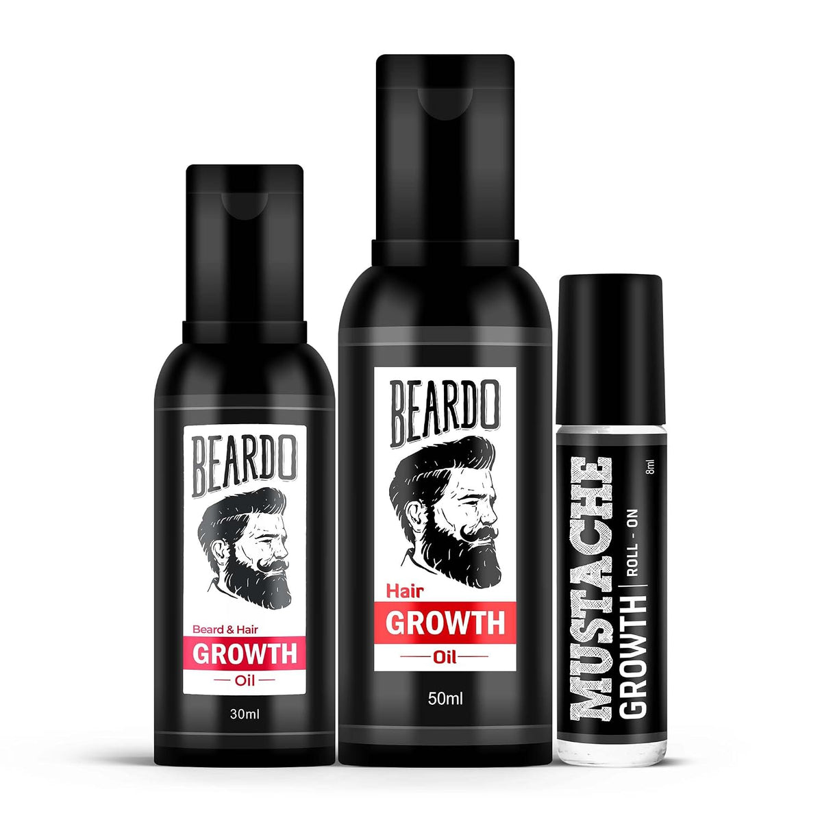 BEARDO Mustache Growth Roll On 8ml with Beard & Hair Growth Oil 50ml + 30ml | Beard Growth Kit for Men, Hair Regrowth Oil, Patchy Beard Filler, Thick & Strong Beard Combo (Pack of 3)