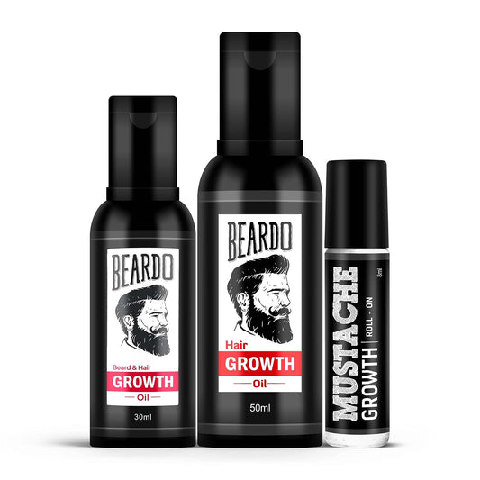 BEARDO Mustache Growth Roll On 8ml with Beard & Hair Growth Oil 50ml + 30ml | Beard Growth Kit for Men, Hair Regrowth Oil, Patchy Beard Filler, Thick & Strong Beard Combo (Pack of 3)