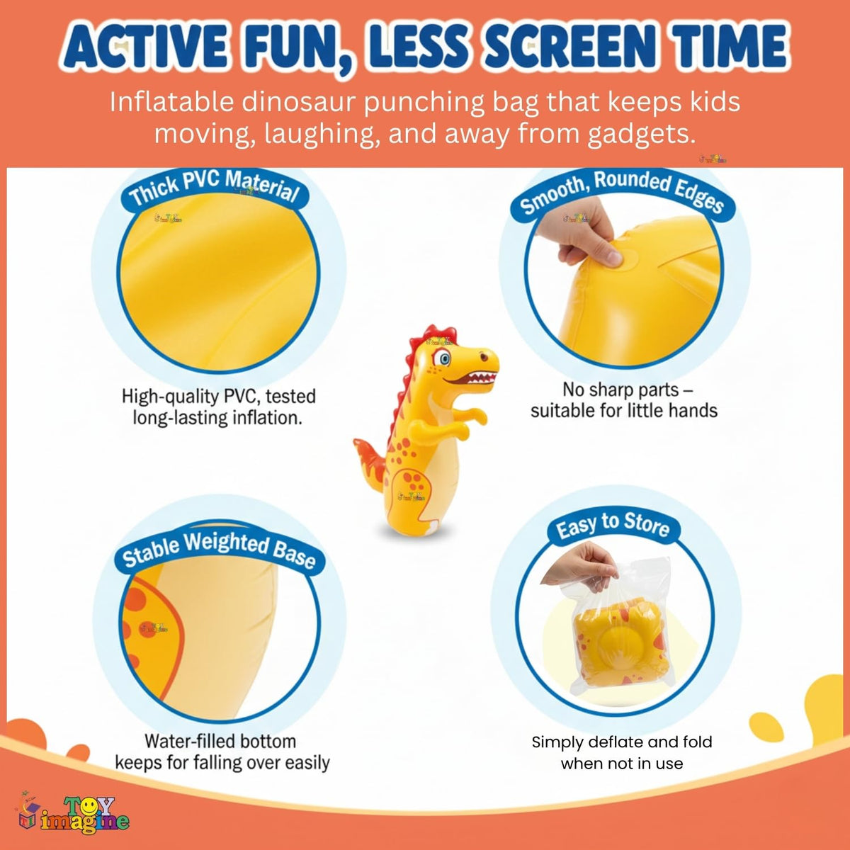 Toy Imagine Inflatable Dinosaur Punching Bag for Kids - 97 cm Tall Bounce Back Action Toy, Leak-Proof Water Base for Stability, Fun Indoor & Outdoor Play