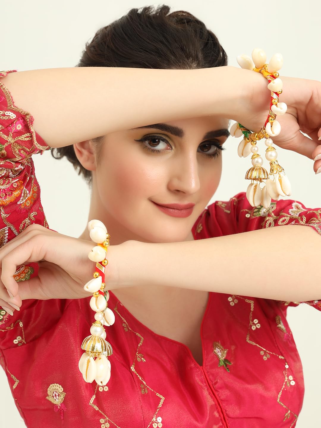 NMII Beautiful Sea Shells Kaudi Latkan Bangles Set For Women & Girls with Pearls Moti & Golden Balls | Handmade Bridal Bangles Bracelet For Wedding, Haldi, Mehandi, Sangeet Jewellery- Set of 2 Kada