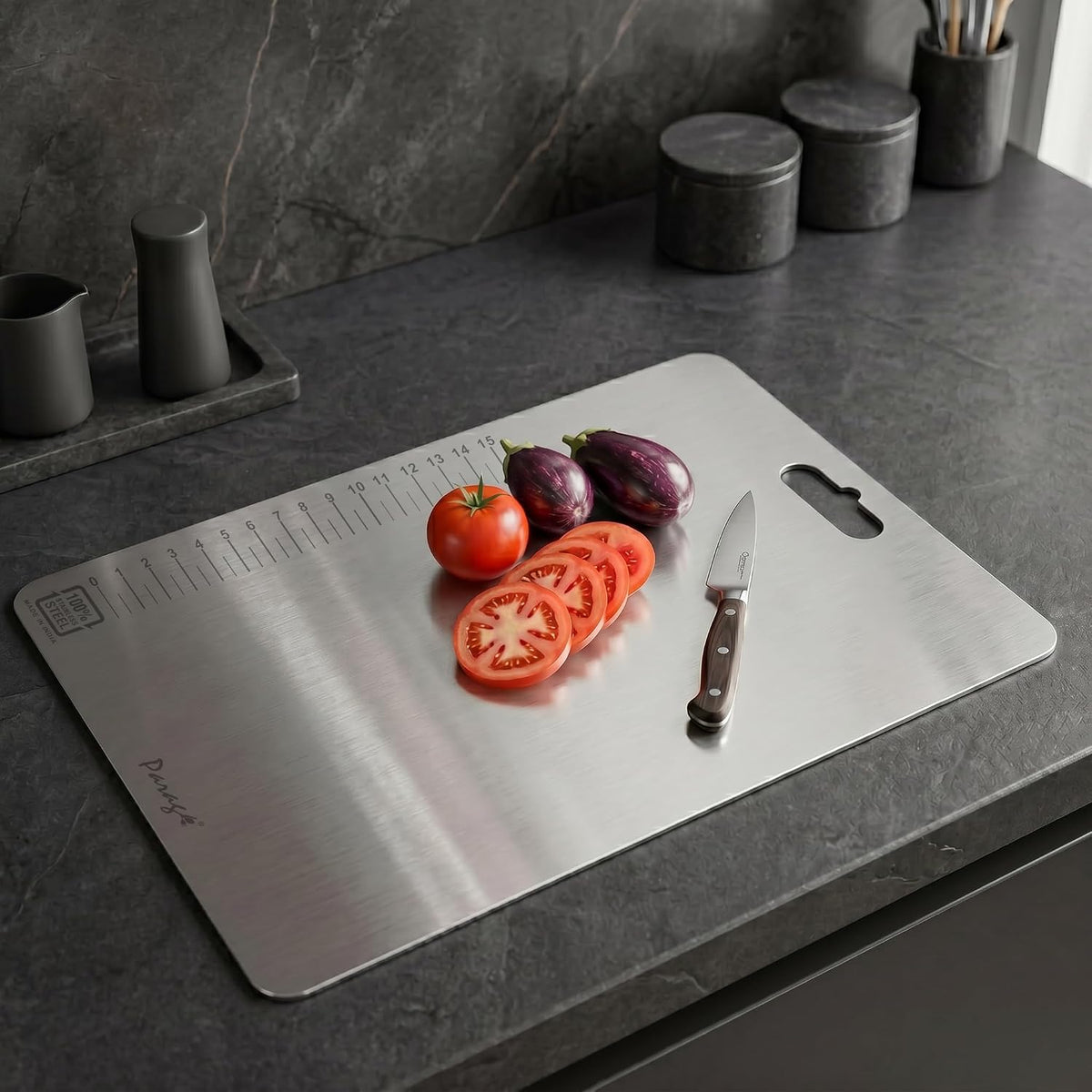 Parage Stainless Steel Medium Chopping Board 31 x 21 CM | Non Porous Kitchen Cutting Board for Home Use for Meat Fish Vegetables Fruits Bread | Anti Bacterial Odor Resistant Rust Free Heavy Duty