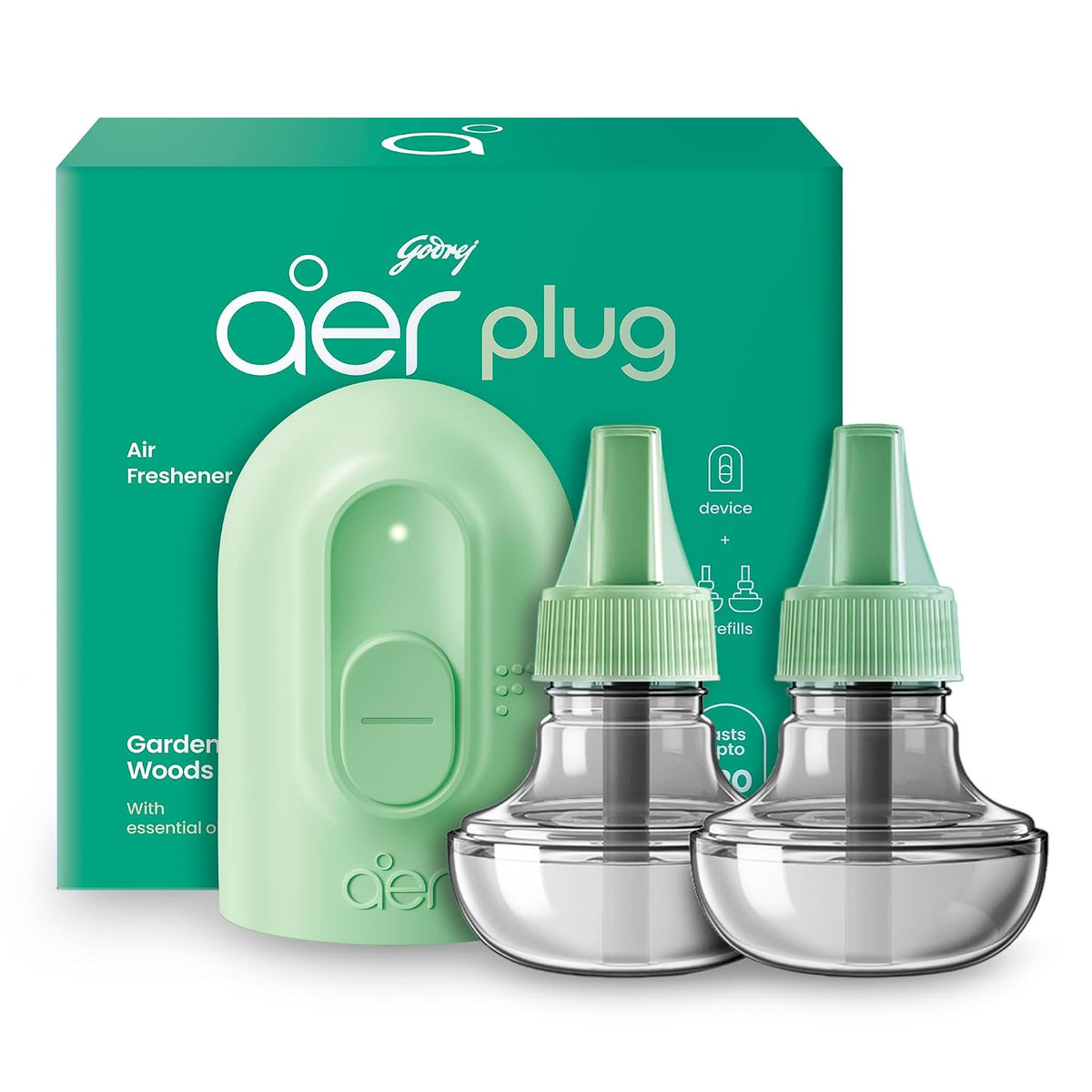 Godrej aer Plug Electric Air Freshener (Machine + 2 Refills (25ml each) | Garden Woods | Lasts up to 120 days