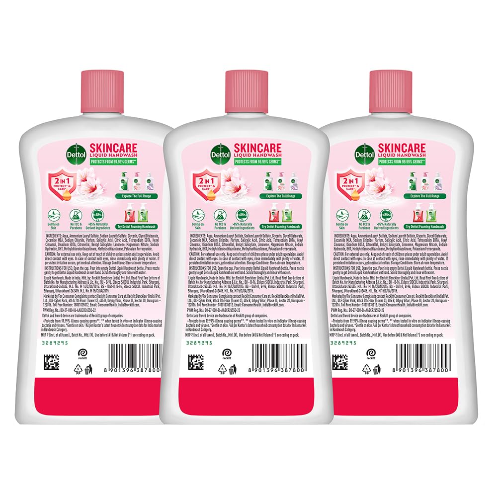 Dettol Liquid Handwash Bottle - Skincare Hand Wash- 875ml (Pack of 3) | pH Balanced | 10x Better Germ Protection