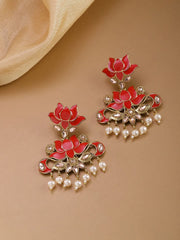 Priyaasi Gold-Plated Stones Studded, Lotus Patterned Meenakari Drop Earring in Red Color with Pearls Drop, One Size (EAR-PR-50170-RED)