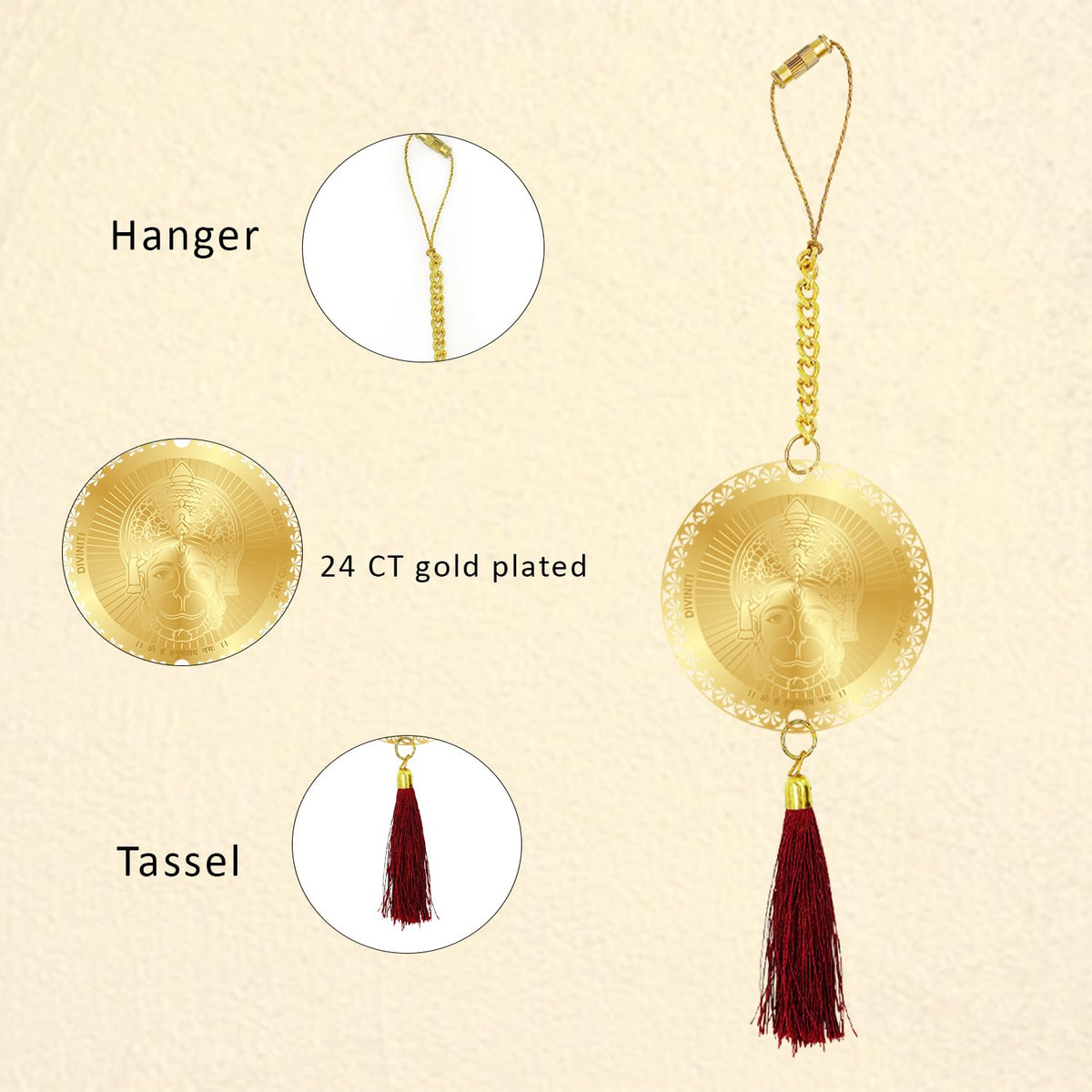 Diviniti 24K Gold Plated Lord Hanuman Ji and Yantra Sankatmochan Double Sided Car Dangler Hanging & New House Entrance Welcome Luxurious Decor for Car Divine Accessories for Positive Energy
