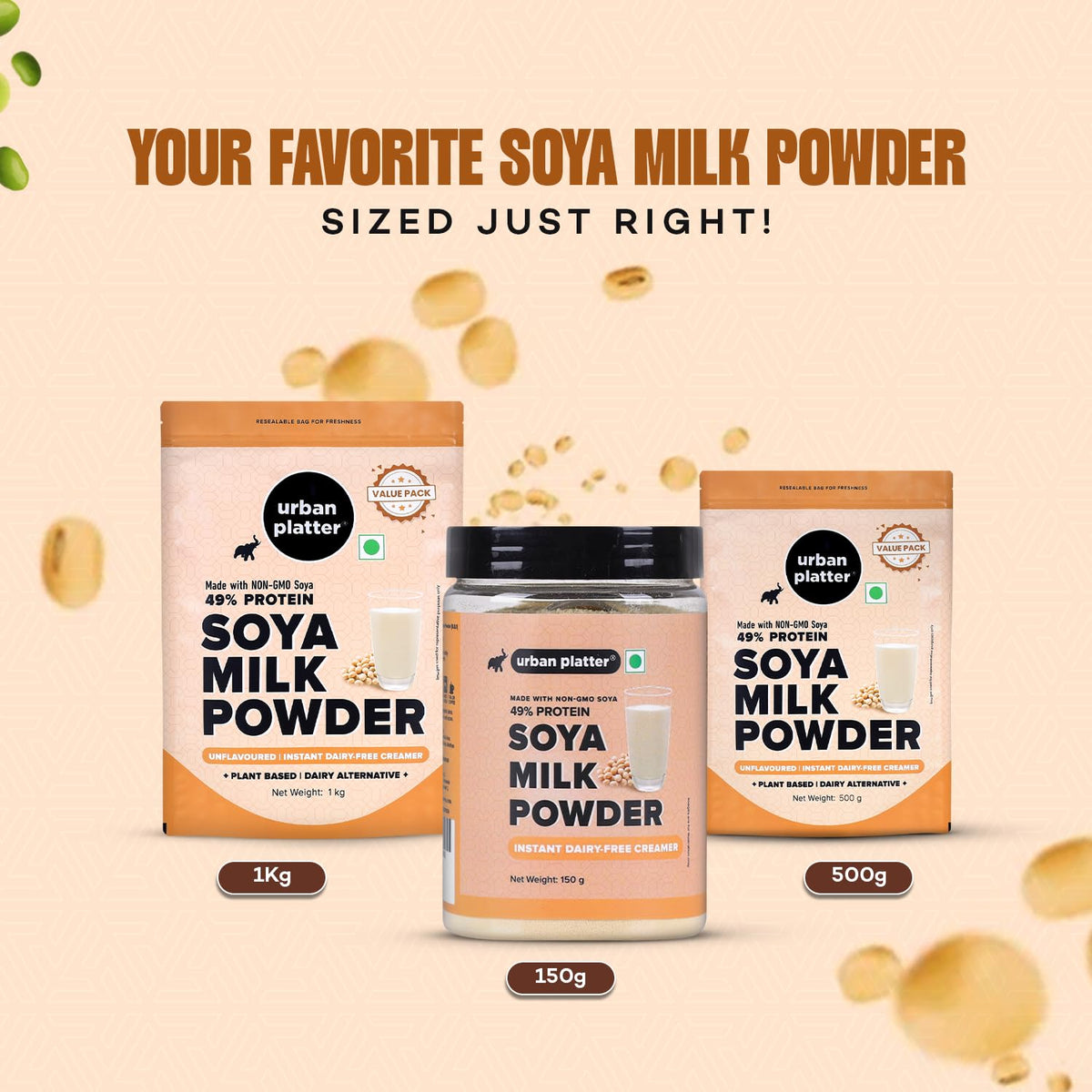 Urban Platter Soya Milk Powder, 150g (Soy-Based Dairy Alternative | Unsweetened | 49% Protein | Plant-Based | Non GMO)