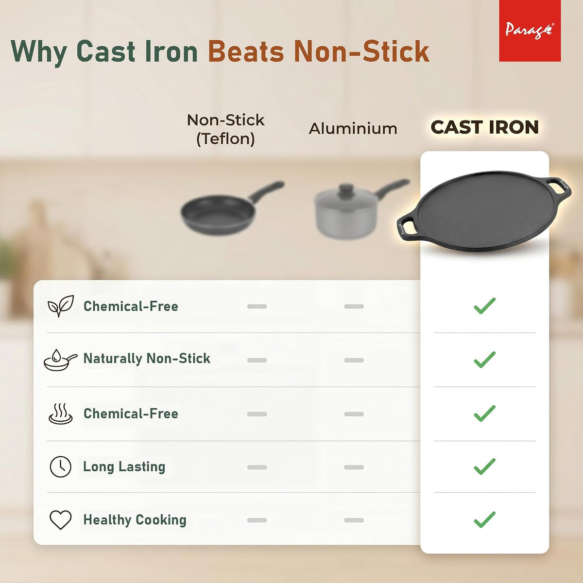 Parage IronCraft Cast Iron Dosa Tawa 30 cm, 4.2 mm Thick Heavy Iron Tawa 3 Kg, Pre-Seasoned Naturally Non Stick, Roti, Chapati, Uttapam Pan, Gas & Induction Compatible, Chemical Free