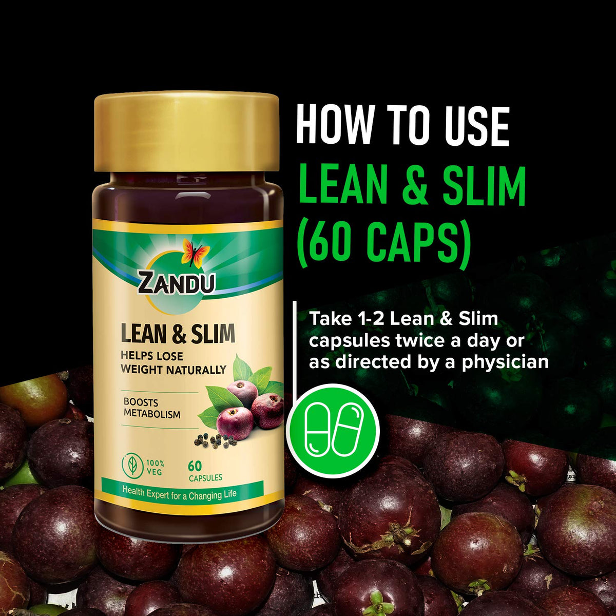 Zandu Lean & Slim | Enriched With The Goodness Of 6 Herbs To Help You In Weight Loss Journey | Acts As A Metabolism Booster & Supports Weight Management, (60 Caps), Pack of 1