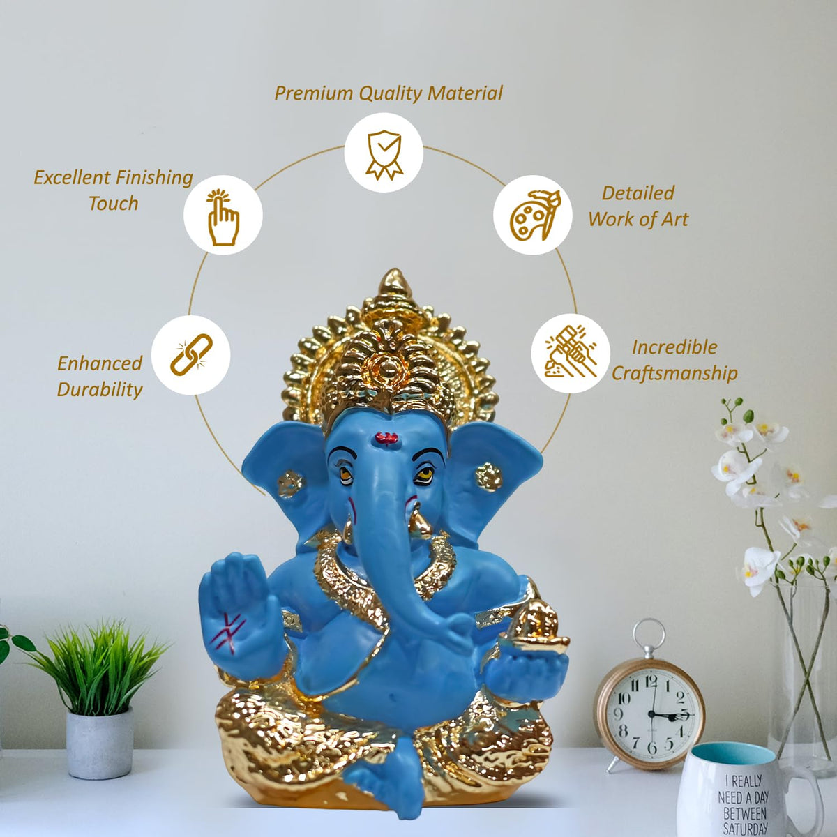 DIVINITI Gold Plated Lord Ganesha Idol for Home Decor Puja, Office & Home Shelves, Diwali Puja, and Gifting |Ganpati Murti Sculpture & Religious 3.5 Inches (8.89 x 5.08 cm) (Mukut Gold Blue)