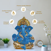DIVINITI Gold Plated Lord Ganesha Idol for Home Decor Puja, Office & Home Shelves, Diwali Puja, and Gifting |Ganpati Murti Sculpture & Religious 3.5 Inches (8.89 x 5.08 cm) (Mukut Gold Blue)