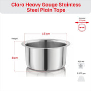 Vinod Brand Claro Heavy Gauge Stainless Steel Plain Tope, 1.5 MMCapacity 900 Ml