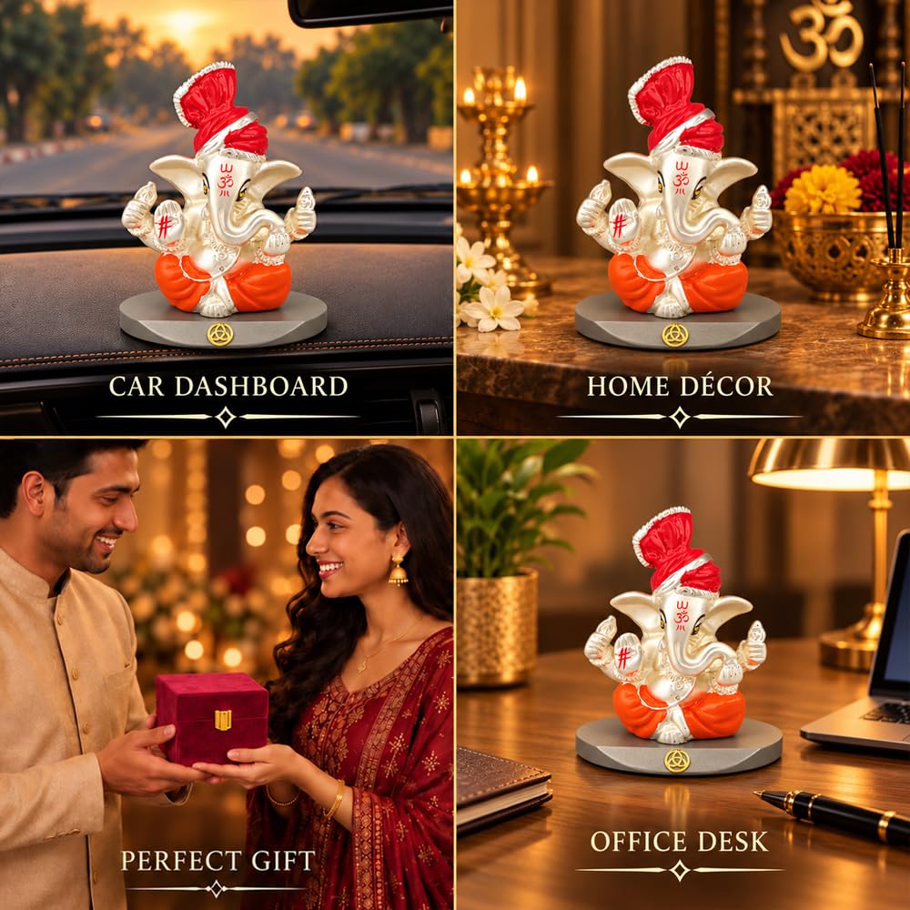 DIVINITI 999 Silver-Plated Lord Ganesha Idol | Ganpati Murti for Car Dashboard, Home, Office & Puja Room | Ganesh Chaturthi, Diwali & Housewarming Gift with Premium Gift Box | 7 x 7 CM