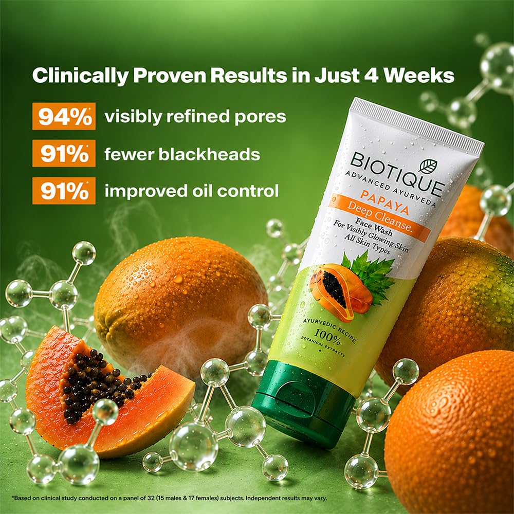 Biotique Papaya Deep Cleanse Face Wash | Gentle Exfoliation | Visibly Glowing Skin | 100% Botanical Extracts| Suitable for All Skin Types | 2x100ml