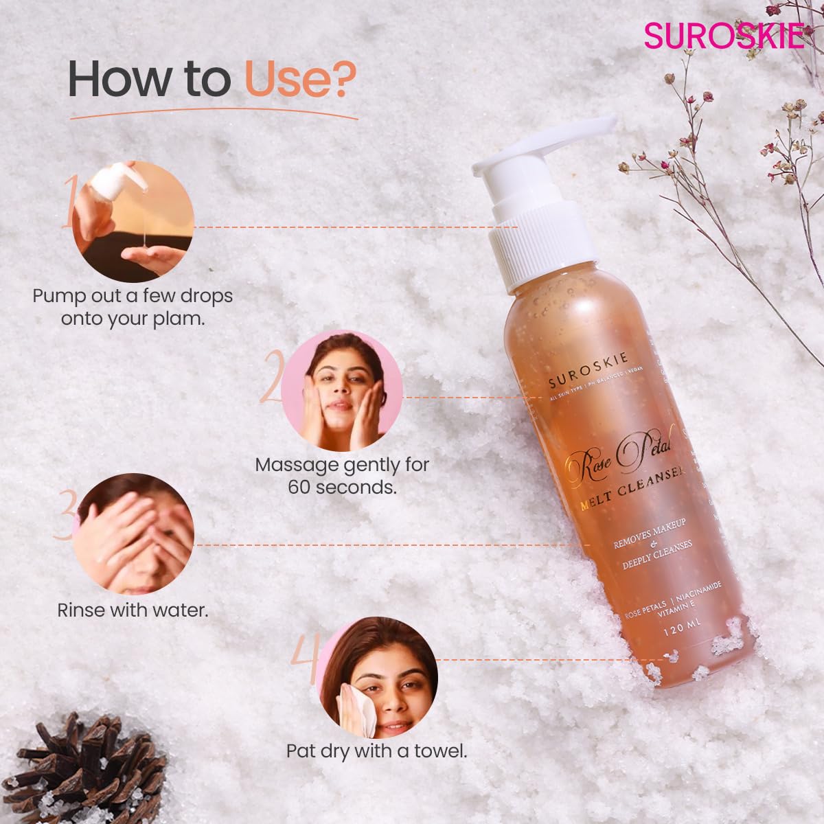 Suroskie Rose Petals Melt Cleanser 120Ml |2-In-1 Face Wash & Makeup Remover | Rose Water, Niacinamide & Vitamin E For Nourished , Brightens & Glow | Suitable For All Skin Types – Men & Women
