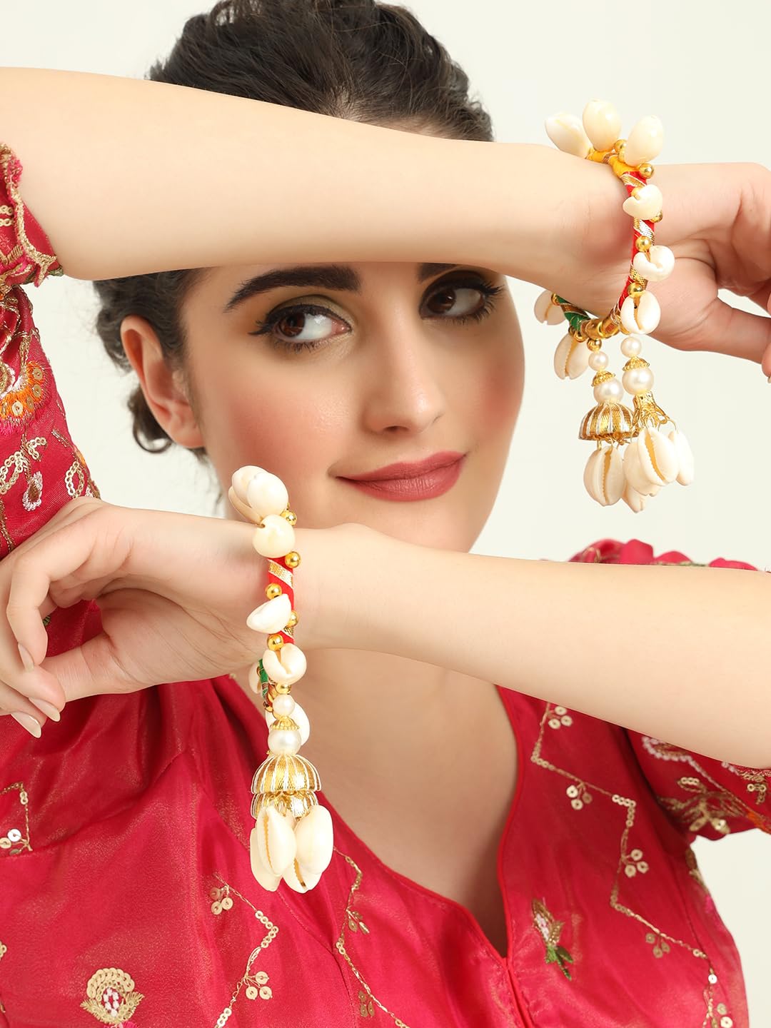 NMII Beautiful Sea Shells Kaudi Latkan Bangles Set For Women & Girls with Pearls Moti & Golden Balls | Handmade Bridal Bangles Bracelet For Wedding, Haldi, Mehandi, Sangeet Jewellery- Set of 2 Kada