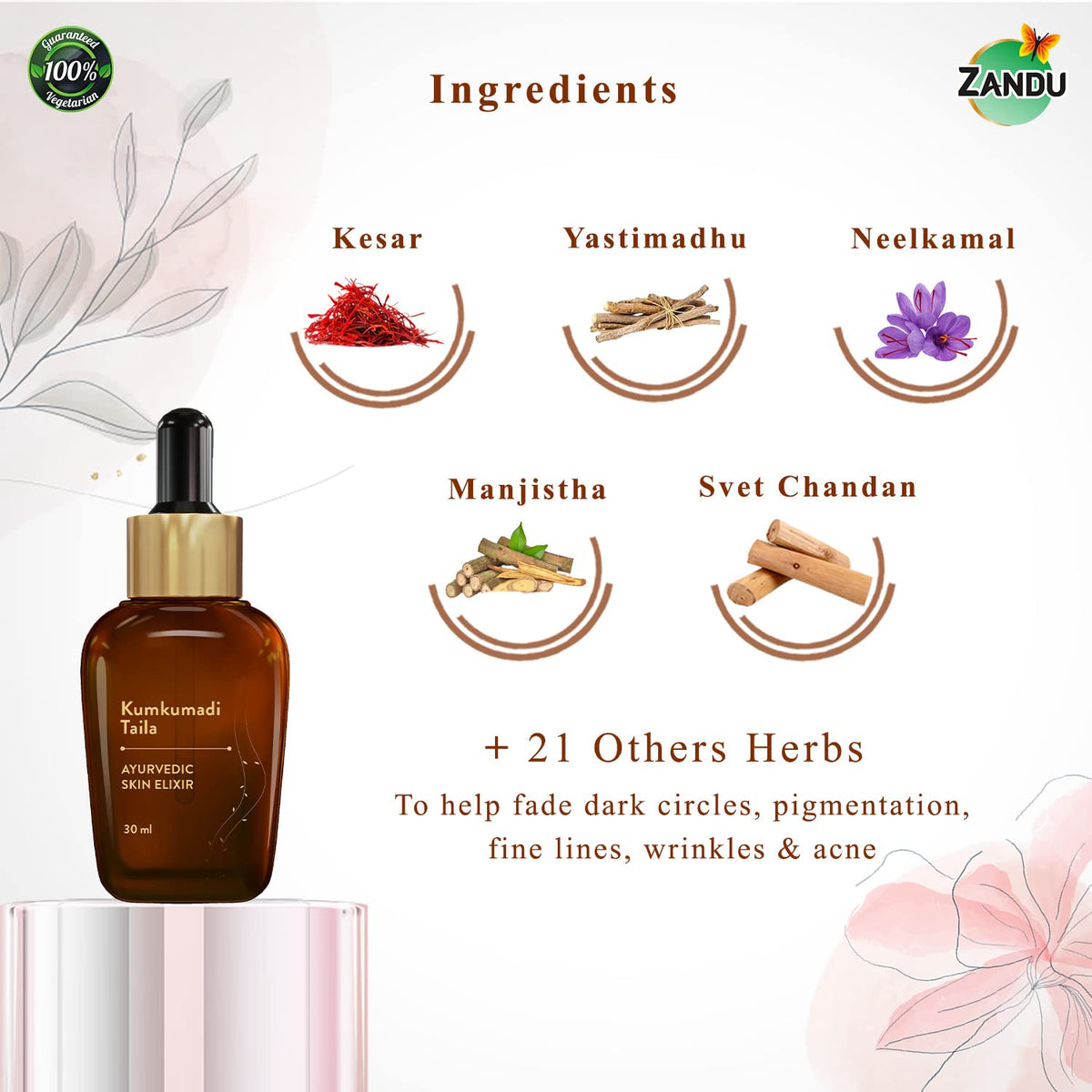 Zandu Kumkumadi Taila (30ml): Ayurvedic Face Oil for Glowing Skin | Skin Brightening Serum with Saffron & 25 Potent Herbs | Helps Improve Skin Radiance | Helps Reduce Acne, Pimples | Both Men & Women