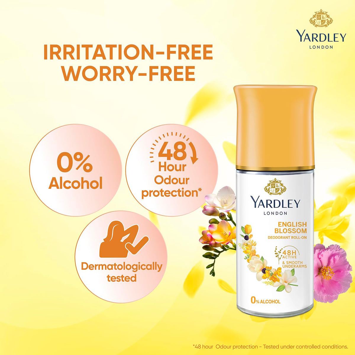 Yardley London English Blossom | Underarm Deodorant Roll On| With Licorirce Extract & Floral Extracts | Smooth & Eventoned Underarms | 72 H Long Lasting Floral Scent| 0% Alcohol & Dermat Approved | For Women | 50ml