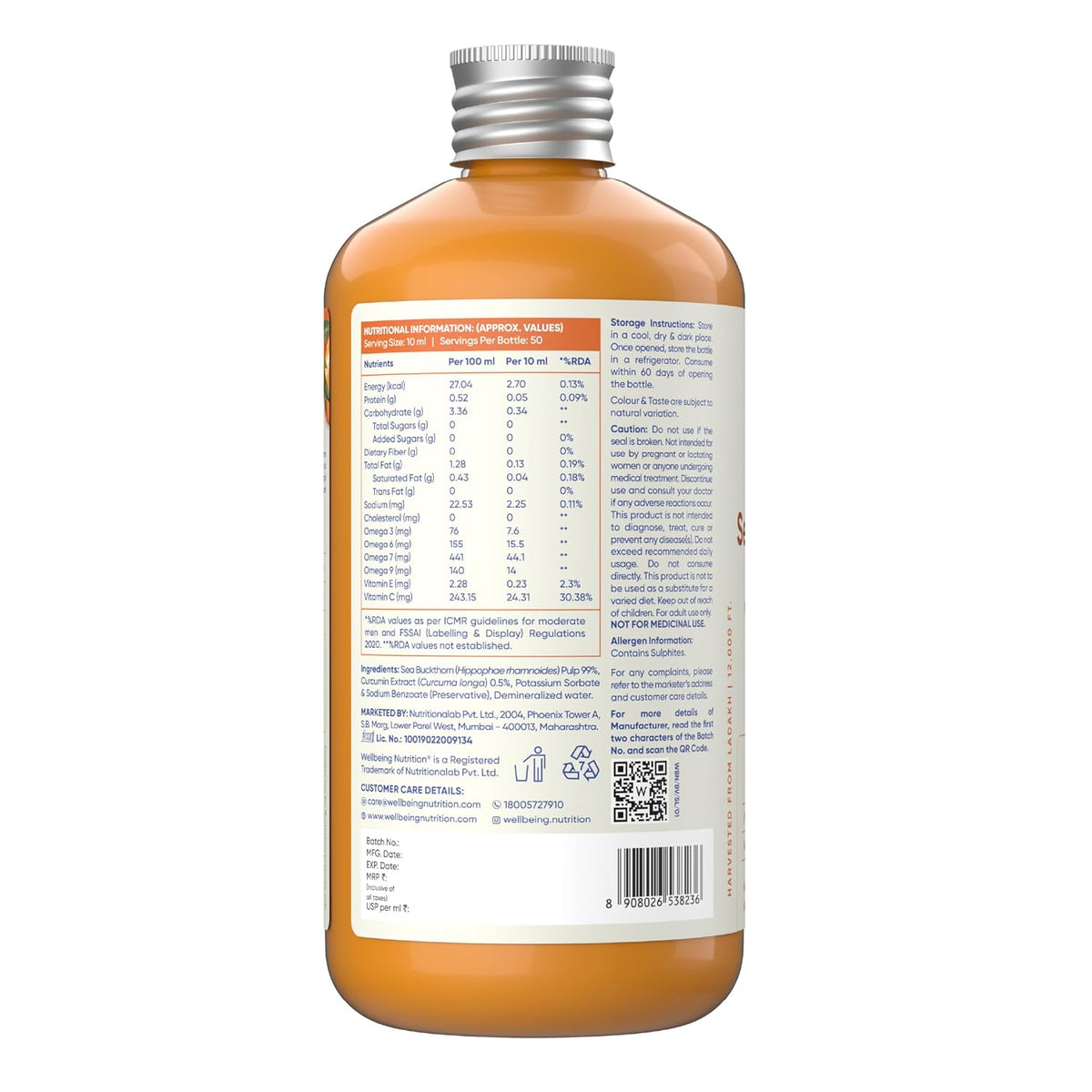 Wellbeing Nutrition Himalayan Sea Buckthorn Pulp With Curcumin Extract |Cold-Pressed, Liquid Concentrate Juice| Natural Vitamin C, Omega 3, 6, 7, 9 & Antioxidants |Supports Immunity, Skin Glow & Gut Health| 500ml