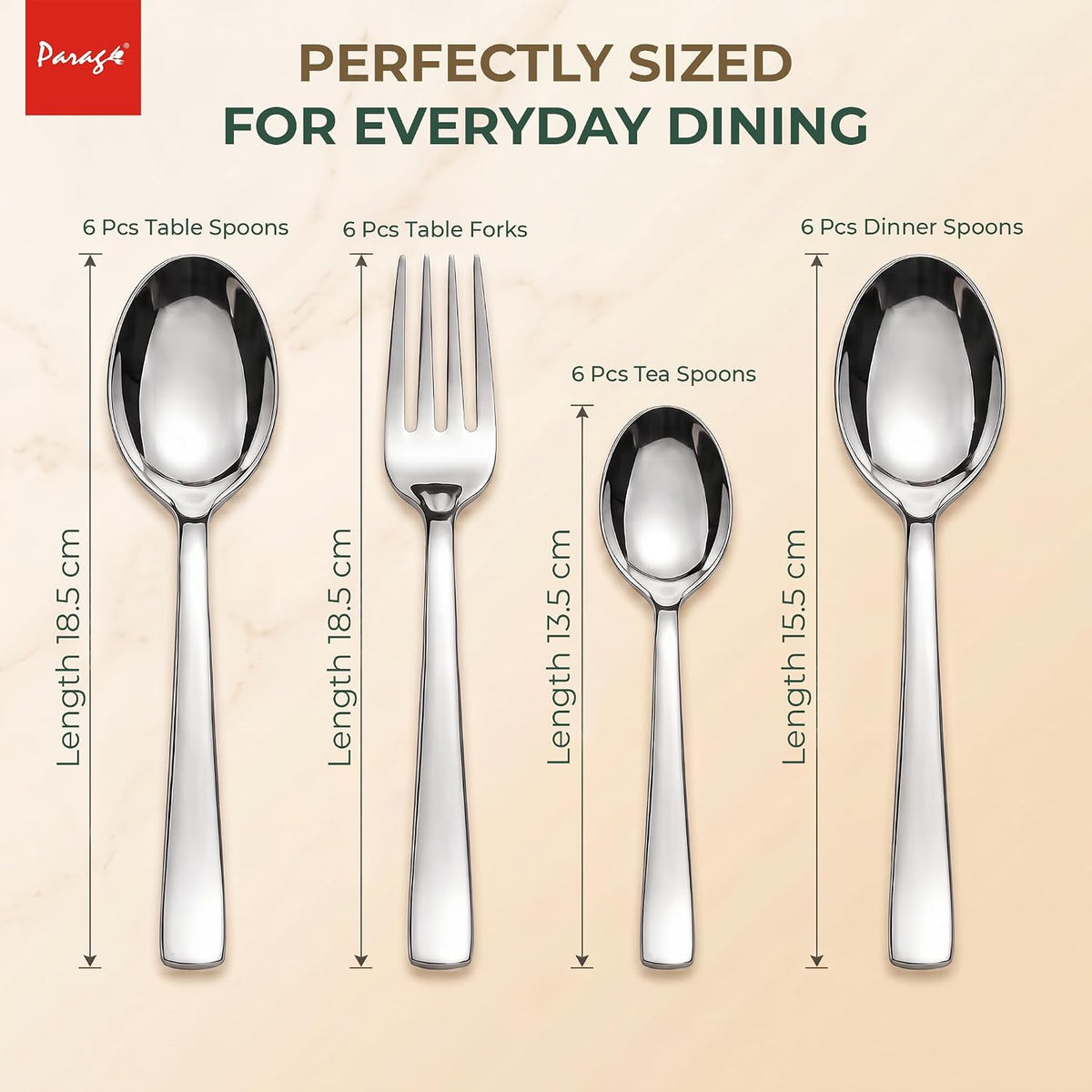 Parage 24 Pieces Premium Stainless Steel Cutlery Set for Home & Kitchen (Contains: 6 Table Spoons, 6 Forks, 6 Tea Spoons, 6 Dinner Spoons), Luxury Dining Tableware Gift for House Warming, Silver