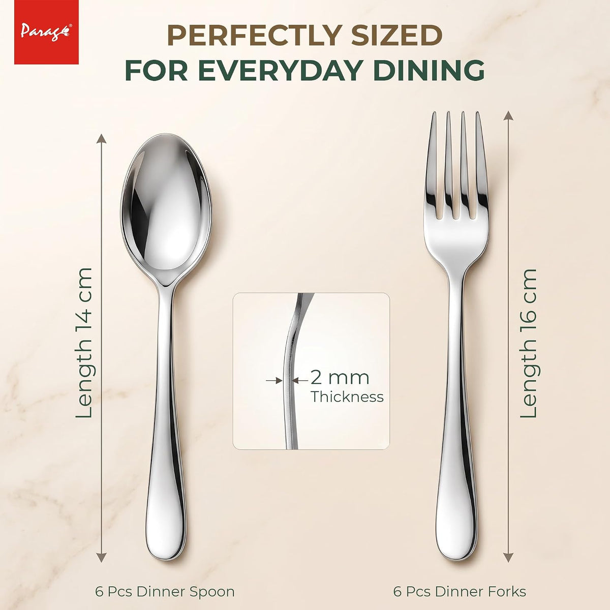 Parage Tiara Stainless Steel Spoon Fork Set of 12, 6 Dinner Spoons 6 Dinner Forks with 2mm Thickness Heavy Gauge Cutlery Set, Mirror Finish Tableware for Home Kitchen Dining