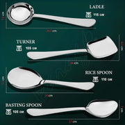 Parage 4 Pieces Stainless Steel Serving Spoons Set for Dining Table/Kitchen, 1.8 mm Heavy Gauge (1 Soup Ladle (Karchi), 1 Solid Spoon (Chamcha), 2 Rice/Serving Spoons), Silver (Pack of 4)