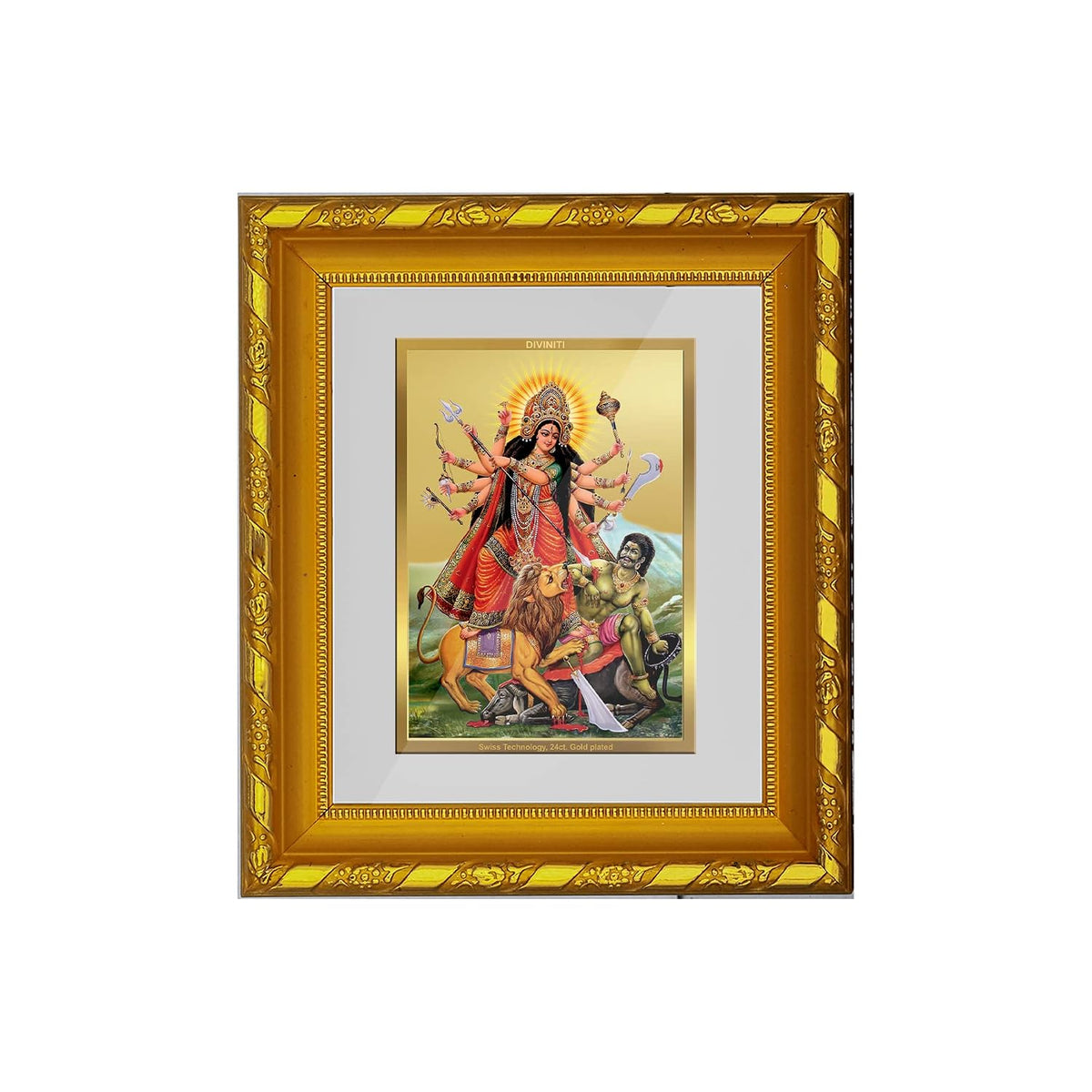 Diviniti Goddess Durga Gold Plated Wall Photo Frame, Table Décor| DG Frame 103 Size 1 and 24K Gold Plated Foil| Religious Photo Frame Idol For Pooja, Gifts Items (16.5 CM X 15.5 CM)