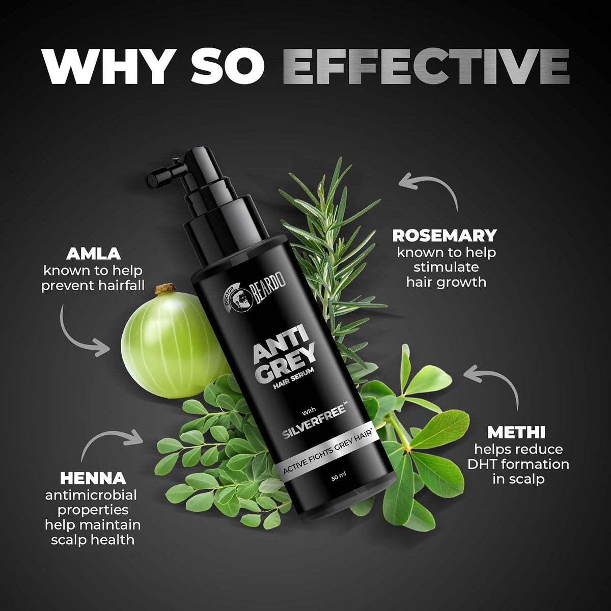 BEARDO Anti Grey Hair Serum for Men, (50ml X 3) | SilverFree™ Formula | Also contains Amla + Methi + Rosemary + Brahmi + Bhringraj extracts for Hair Shine | Lightweight and Non-Sticky