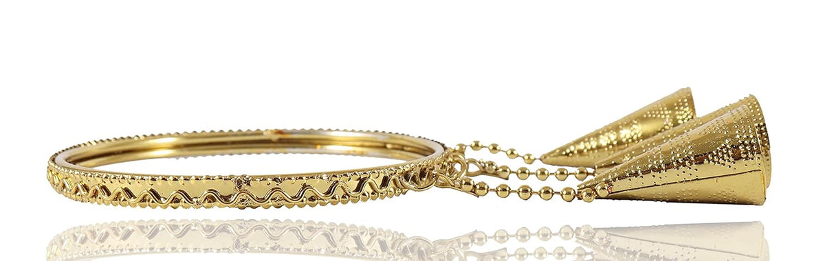 NMII Non-Precious Metal Base Metal with Curved Shaped and Latkan Linked Glossy Finished Kaleere type Kada Set For Women and Girls