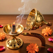 DSH Brass Loban Burner With Handle, Dhoop Dhuni Burner Sambrani Dhoop, Resin & Home Office Temple Prayer Butler (No. 4), Gold, Standard (Lbn-04), Round