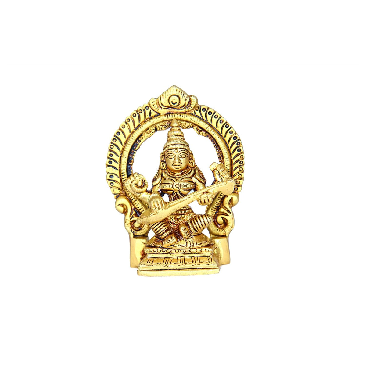Aalayam Selveer Saraswati Devi Brass Idol with Arch | Brass Saraswati Idol Small | Saraswati Devi Statue Brass 9 CM Height, Gold Colour, 1 No