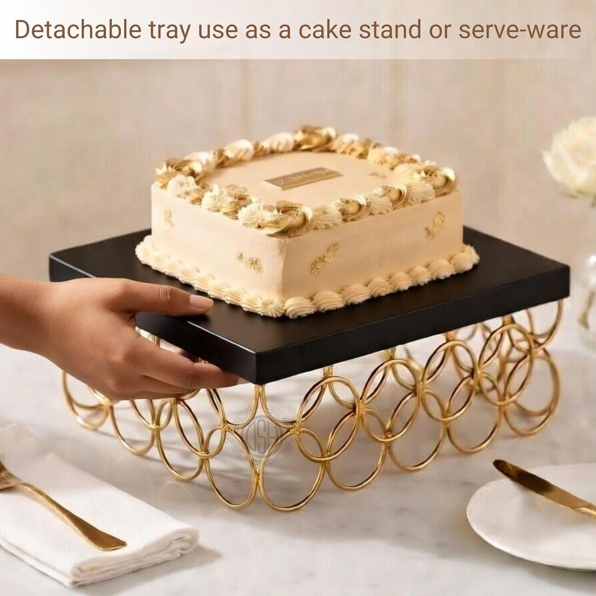 DSH Metal Cake Stand Square Cake Cutting Display Stand Multipurpose for Birthday and Wedding Party Suitable for 1 Pound Cake Small Black