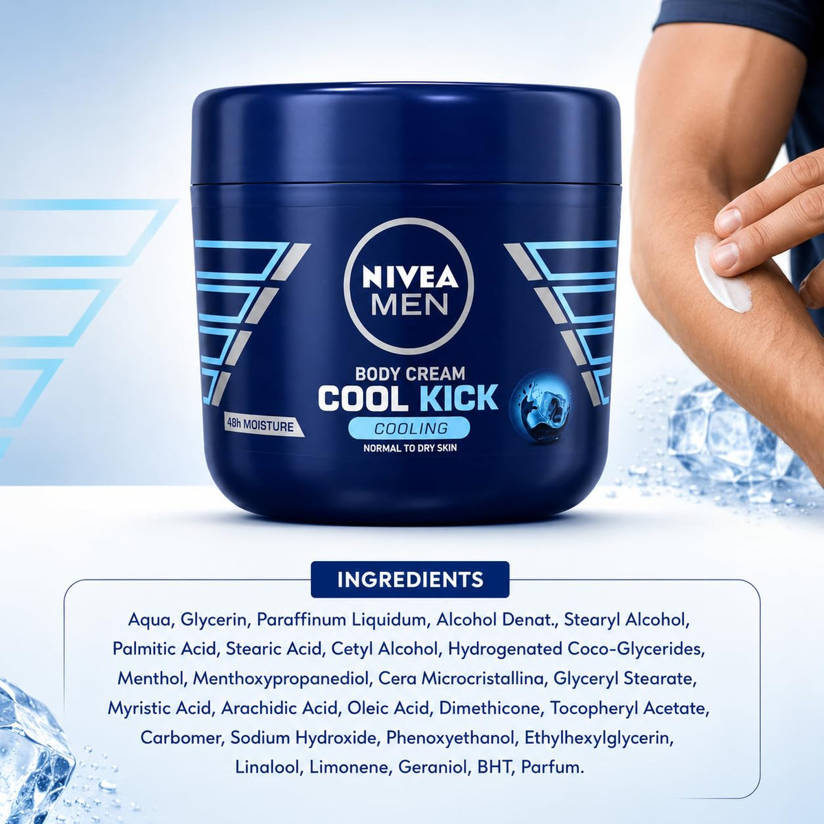 NIVEA MEN Cool Kick Body Cream for Normal to Dry Skin, 48H Moisture, Cooling Effect, Fast-Absorbing Non-Sticky Formula, 400 ml