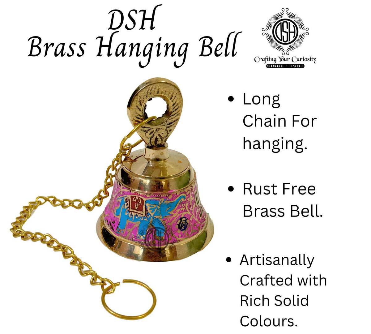 DSH Handcrafted Brass Temple Hanging Bell with Chain Home Mandir Decoration Ghanti for Pooja with Deep Sound (Pink, H-4 Inch)