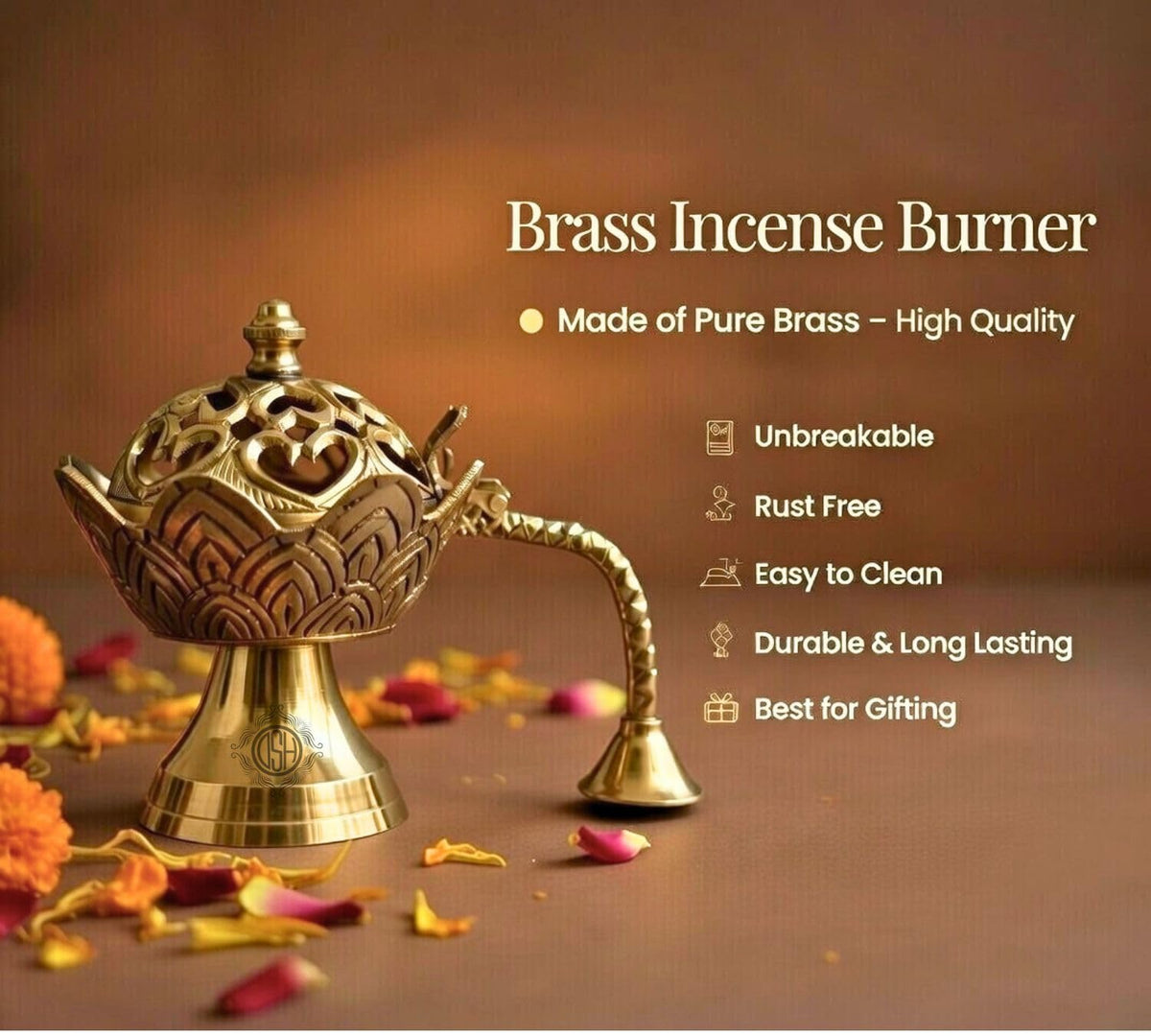 DSH Brass Dhup Dani Dhuna Loban Burner Kapoor Dani Incense Burner Sambrani Holder for Puja Home Decor & Gifting. (Large)