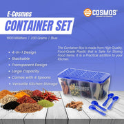 E-COSMOS 4-Section Airtight Plastic Container Box with 4 Spoons, 1800 ml (Blue) – Multipurpose 4-in-1 Grocery, Spice & Dry Fruit Storage Box for Kitchen