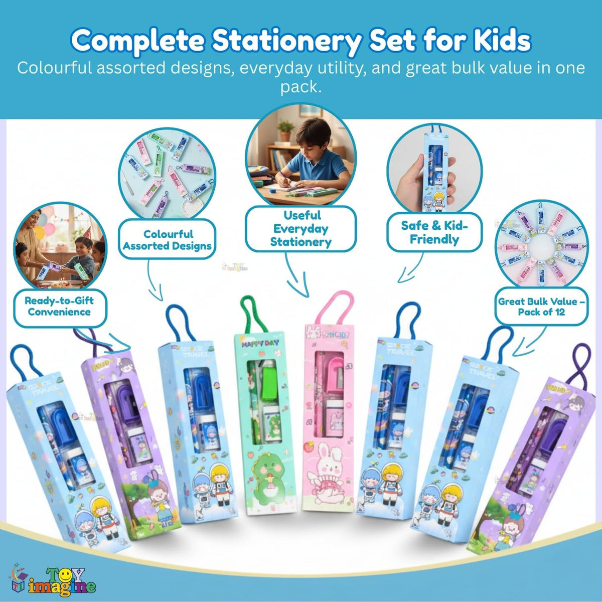 Toy Imagine Kids Stationery Kit for Birthday Return Gift | Pencils, Eraser, Scale & Sharpener | Ideal for School, Party Distribution, Kanjak, Festivals & Classroom Gifts (Pack of 12)