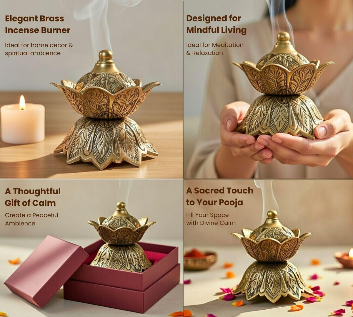 DSH Flower Design Dhoop Dani Brass Dhuna Loban Burner Round Dhooni Home Office Table-Top Incense Holder for Loban.