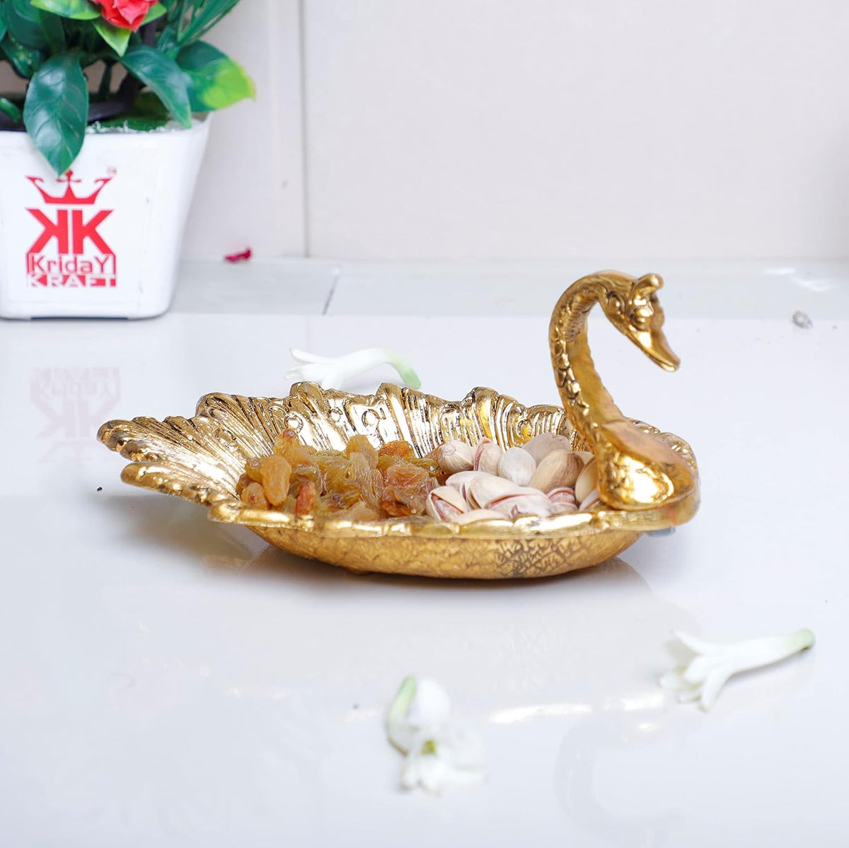 KridayKraft Decorative Golden Metal Duck Bowl – Elegant Duck-Shaped Dry Fruit Serving Tray for Table Display, Festive Centerpiece & Stylish Home Décor Accent