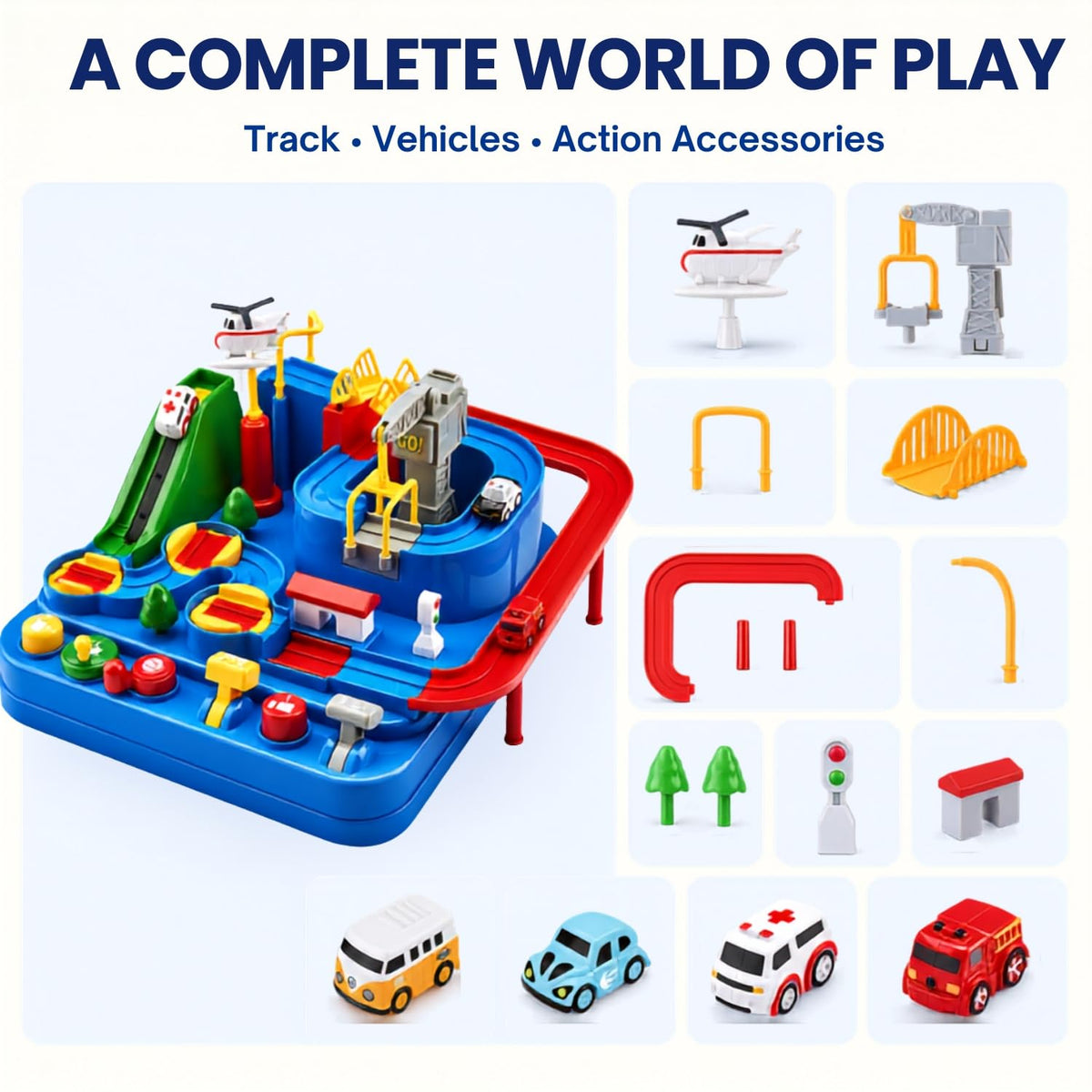 Toy Imagine Car Race Track Toy for Kids 3+ Years City Rescue Vehicle Playset with 4 Mini Cars & 6 Control Buttons, Helicopter, Adventure Ramps Educational Puzzle & Motor Skill Toy for Boys & Girls